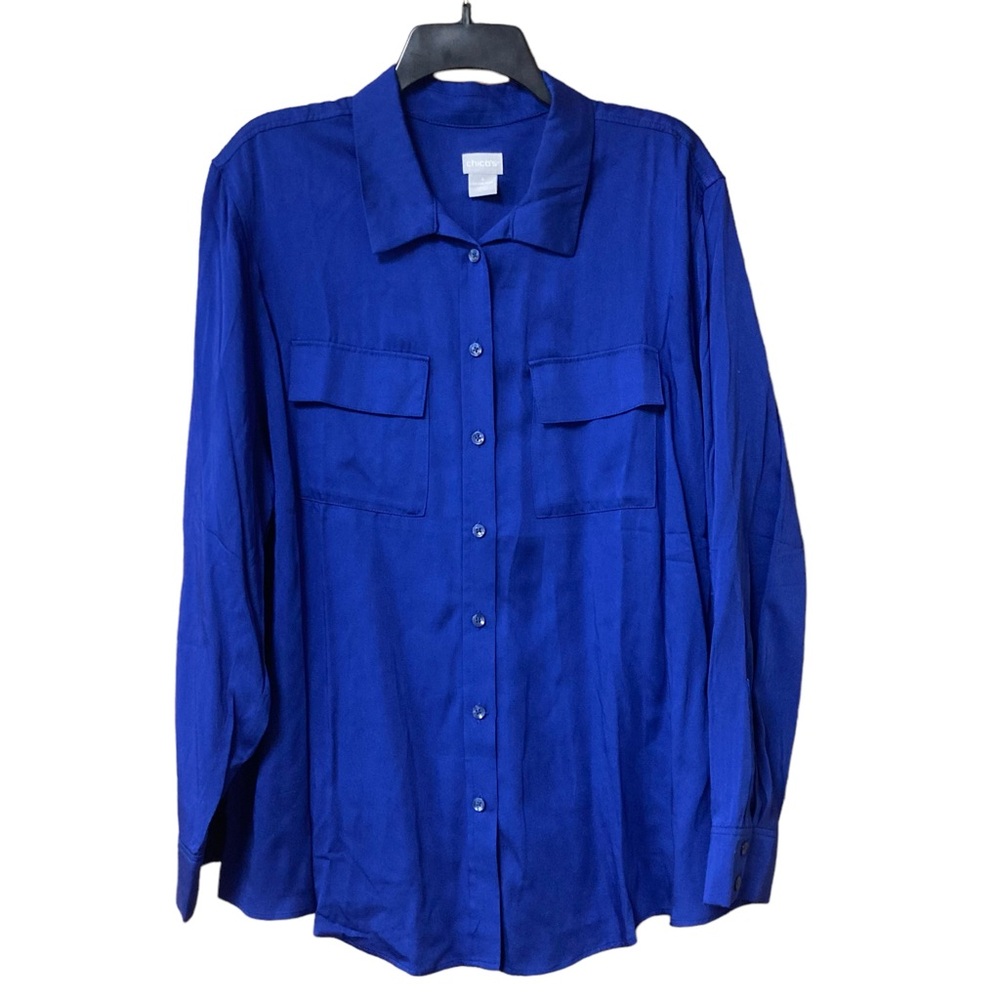 NWOT Chico's 4 Sand Wash Satin Shirt Button Front Cobalt Blue